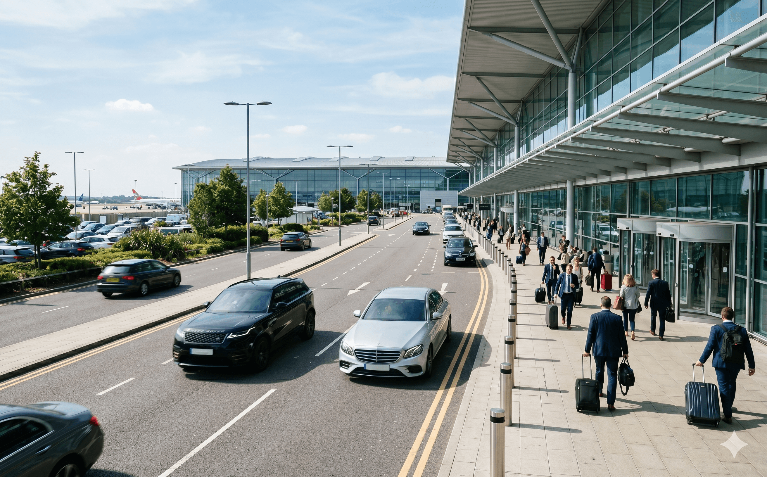 Cars arriving at a modern UK airport terminal for airport parking