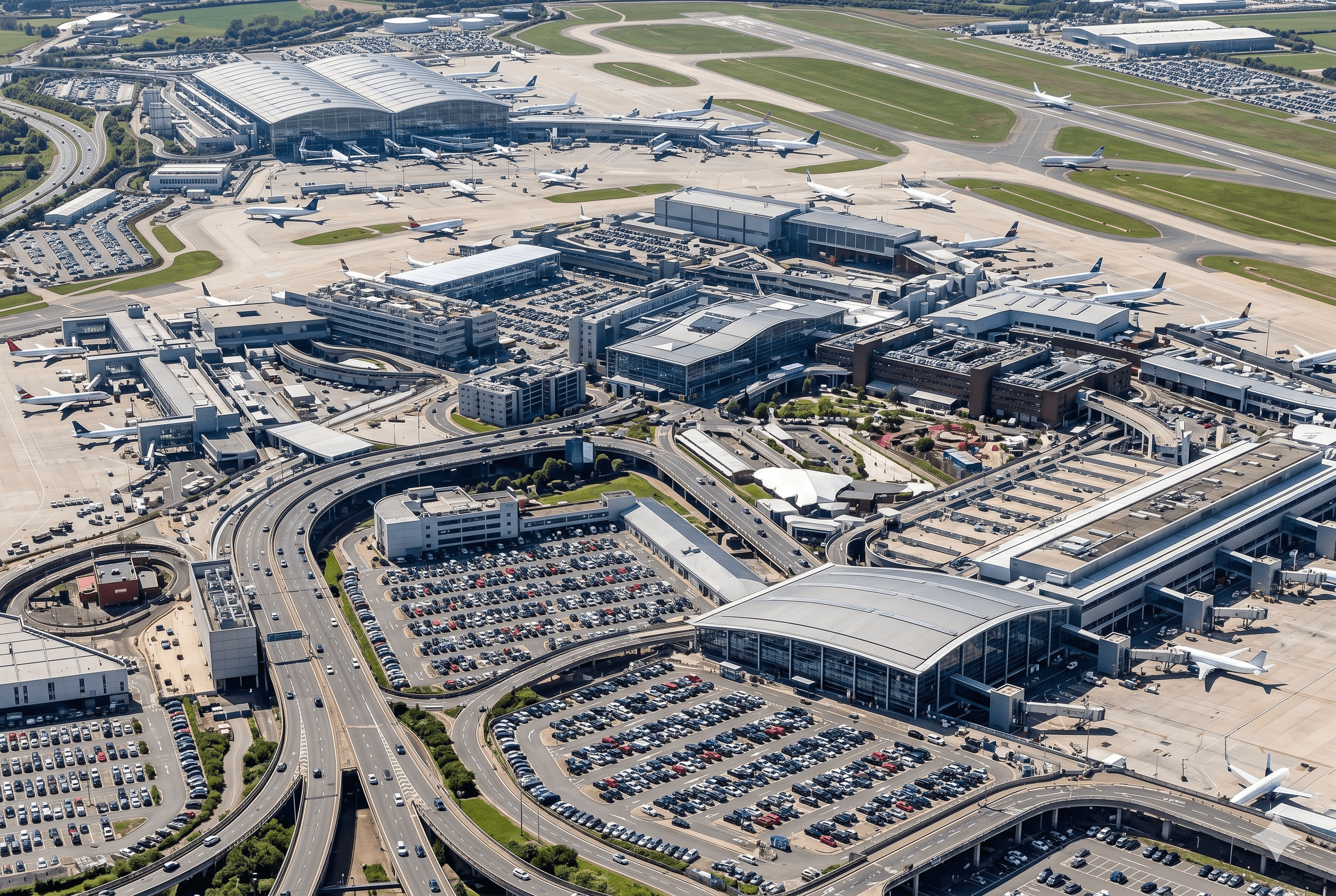 Aerial view of Heathrow airport terminal and runways